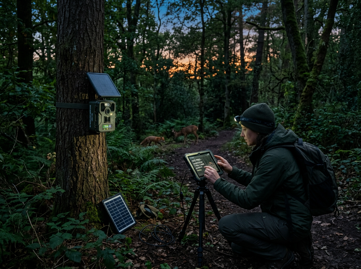 Person using tablet near solar-powered trail camera monitoring wildlife in forest