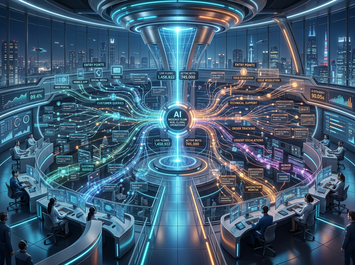 Futuristic control room with operators managing AI-powered global customer service and support systems