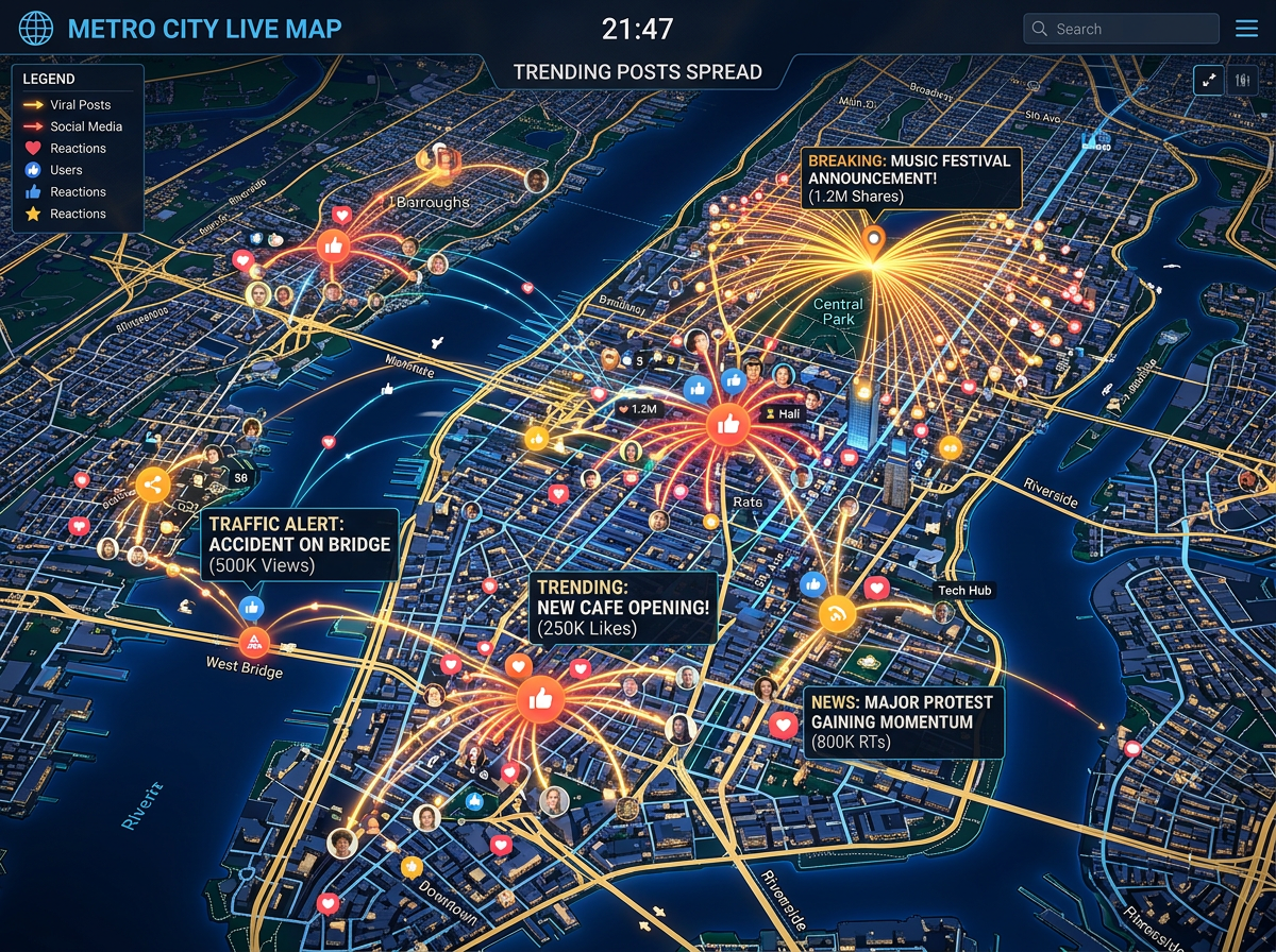 City map with social media trending posts, viral notifications, and user reactions