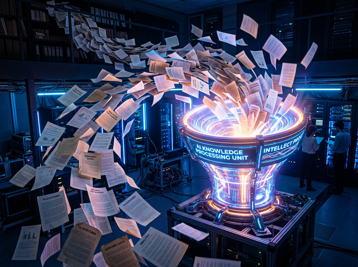 Research papers flowing through glowing AI funnel