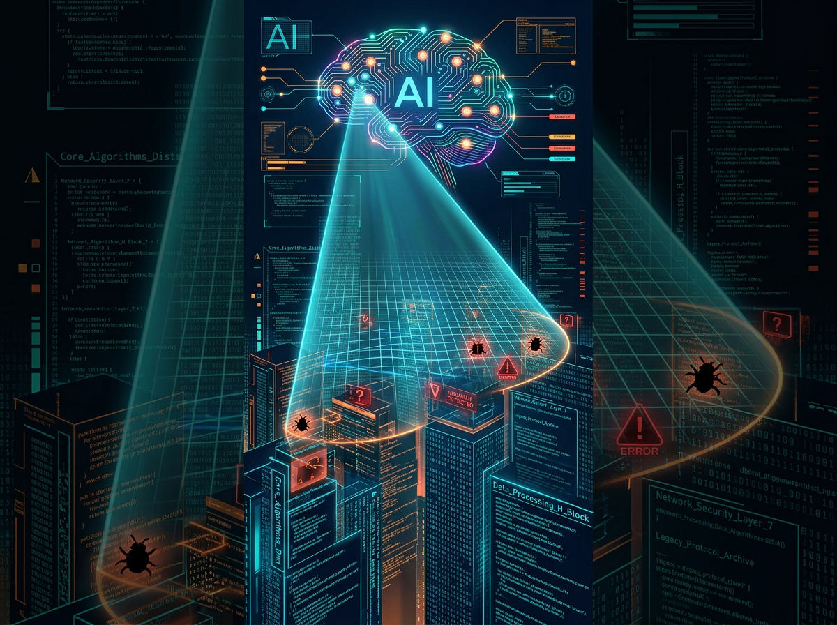Digital brain labeled AI scanning city blocks represented by data blocks detecting bugs and errors