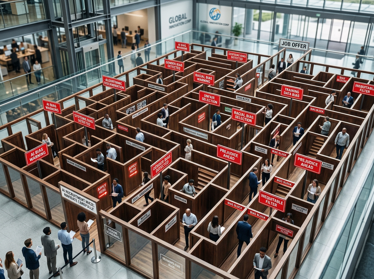 Maze with job applicants facing AI bias warnings and unfair selection signs leading to a job offer.