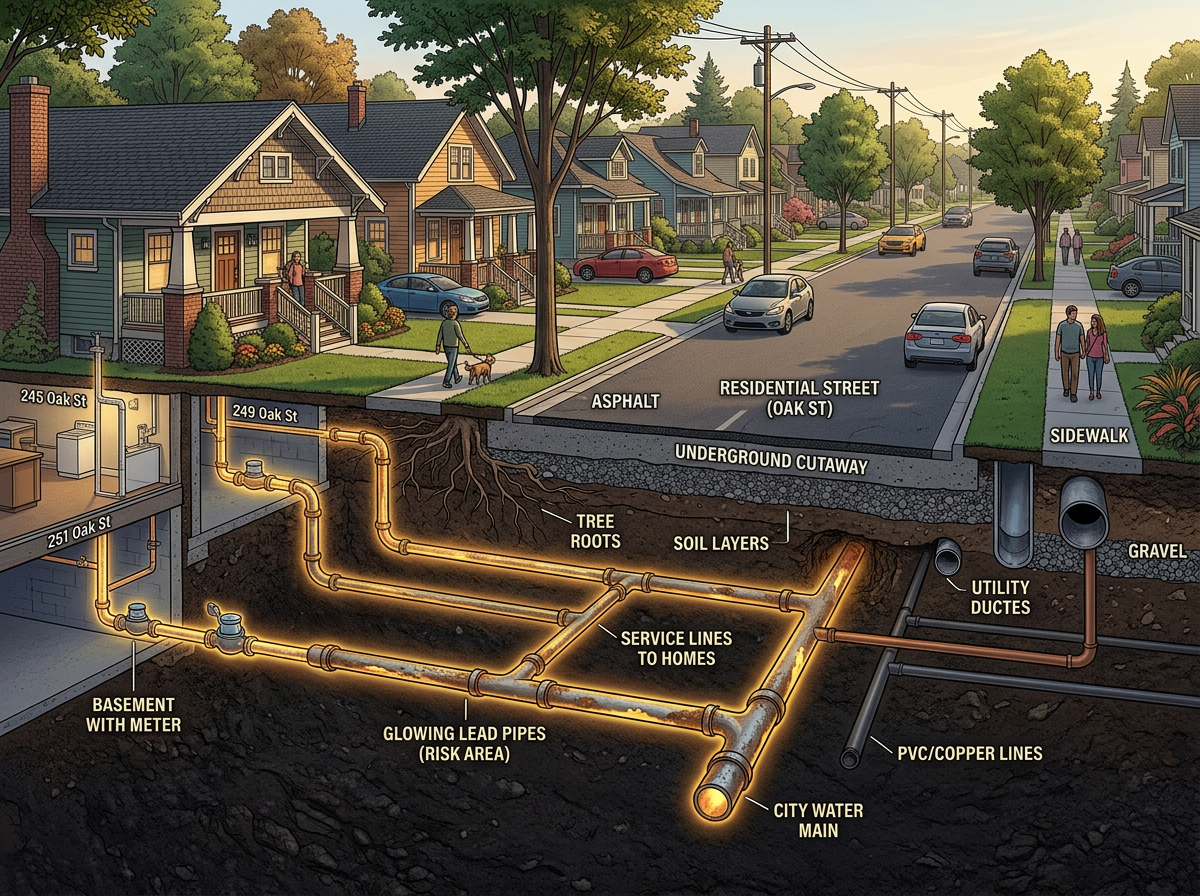 Cross section of residential street showing underground water pipes, service lines to homes, and soil layers