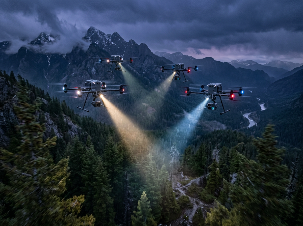 Four drones flying over a forested mountain valley using spotlights at dusk