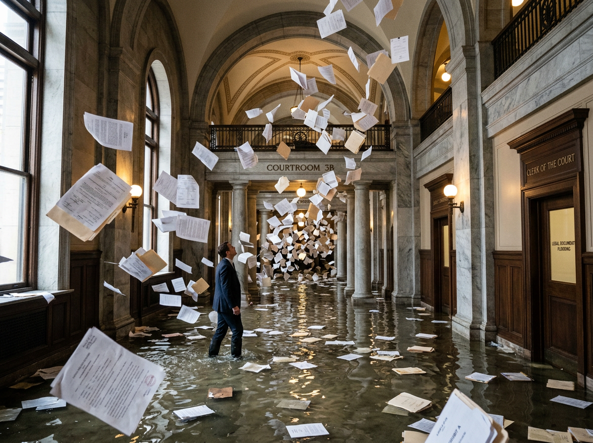 Man in flooded courthouse hallway surrounded by floating and flying legal documents
