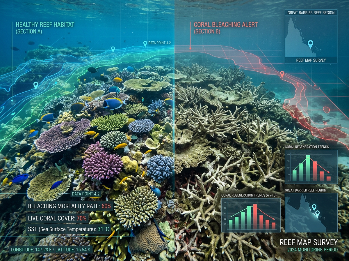 Healthy coral reef section with vibrant fish and bleached coral section showing coral bleaching alert with data graphs