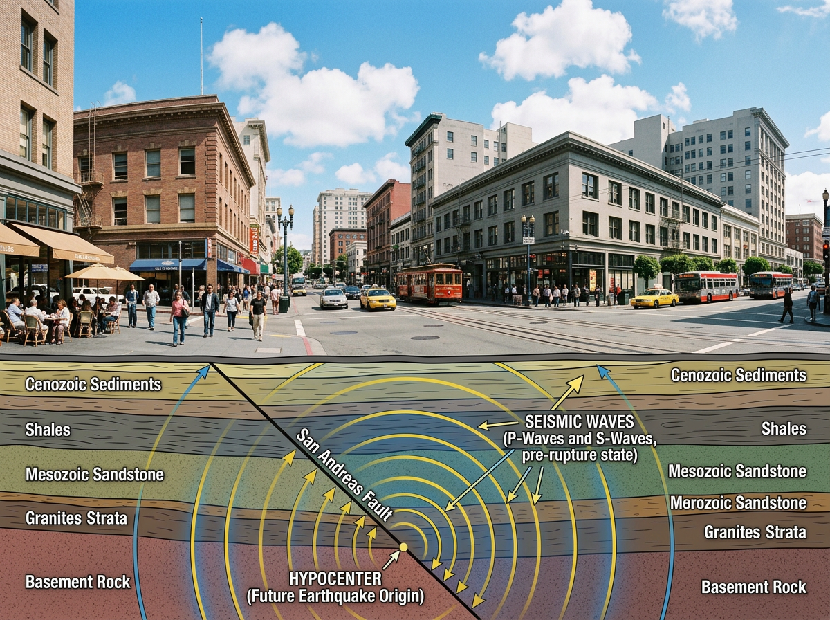 Diagram showing layers of rock sediment and earthquake seismic waves along the San Andreas Fault beneath a city street