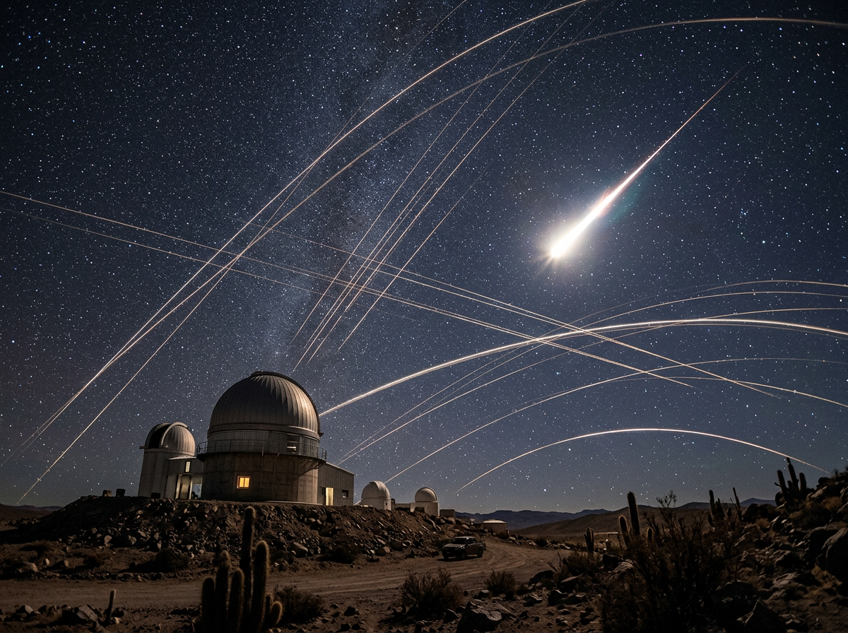 Night sky with meteor trails over an astronomical observatory