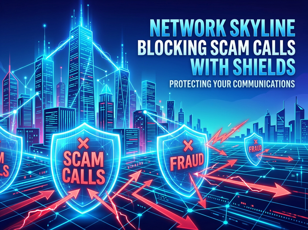 Shields labeled Scam Calls and Fraud blocking red arrows in a city network