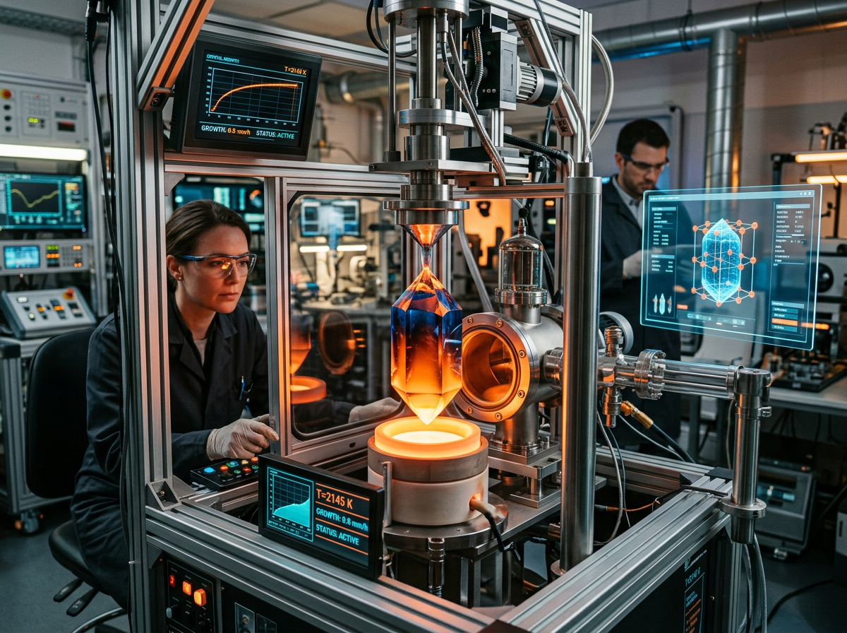 Laboratory setup with scientists monitoring the growth of a large glowing crystal amid digital displays and instruments