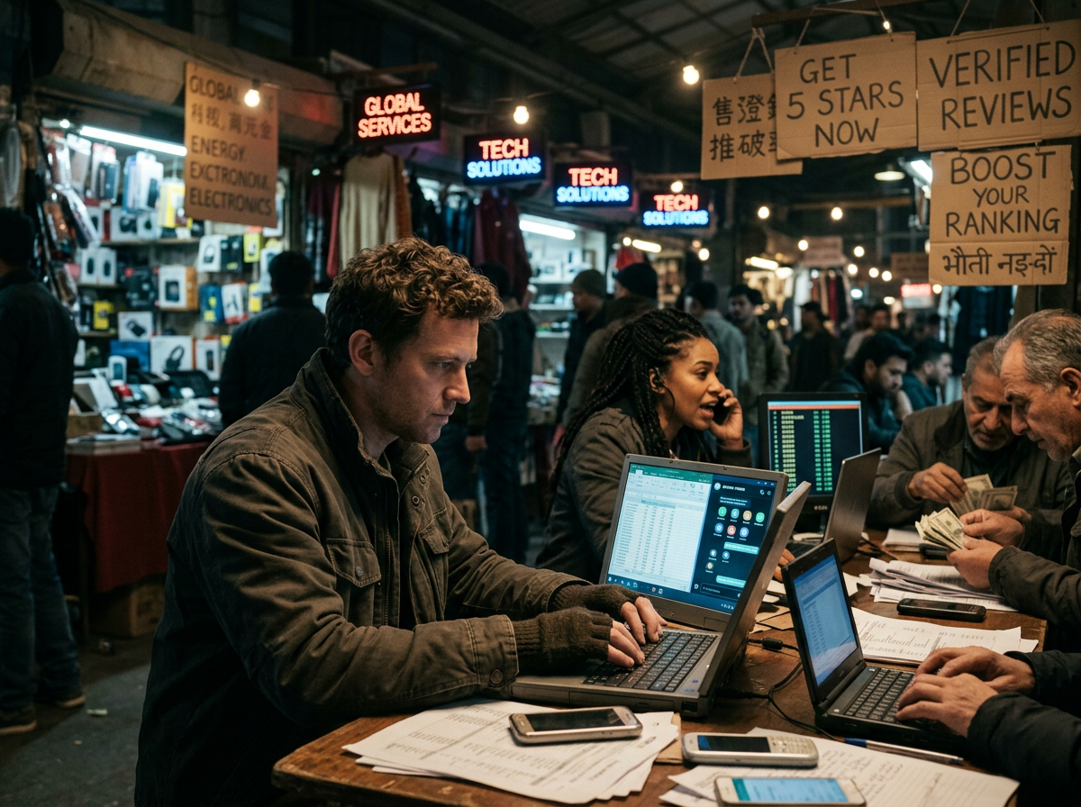 Multiple people using laptops and phones in a crowded electronics market with signs about ratings and tech services