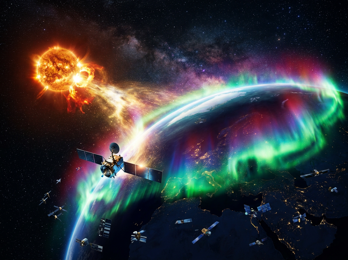 Solar storm emitting plasma towards Earth with satellites observing auroras in space