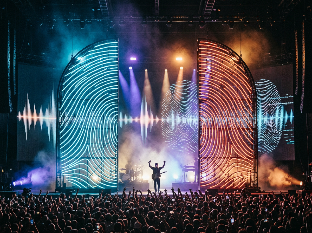 Musician on stage with large blue and orange fingerprint light panels and soundwave visuals