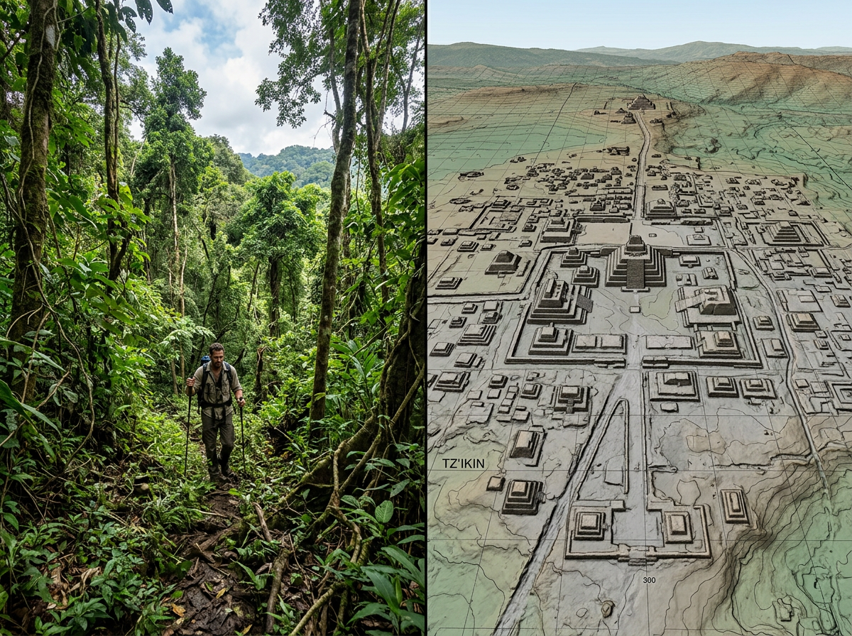 Person hiking in dense jungle next to a detailed map of ancient city Tz'ikin