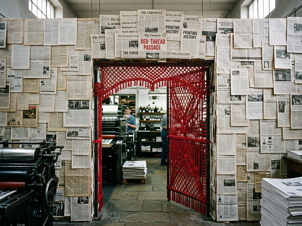 Entrance to printing press room framed by red thread curtain and newspaper clippings