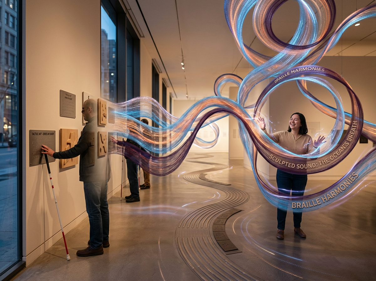 Man using cane reads tactile Braille panels while woman interacts with swirling audio-visual sculpture