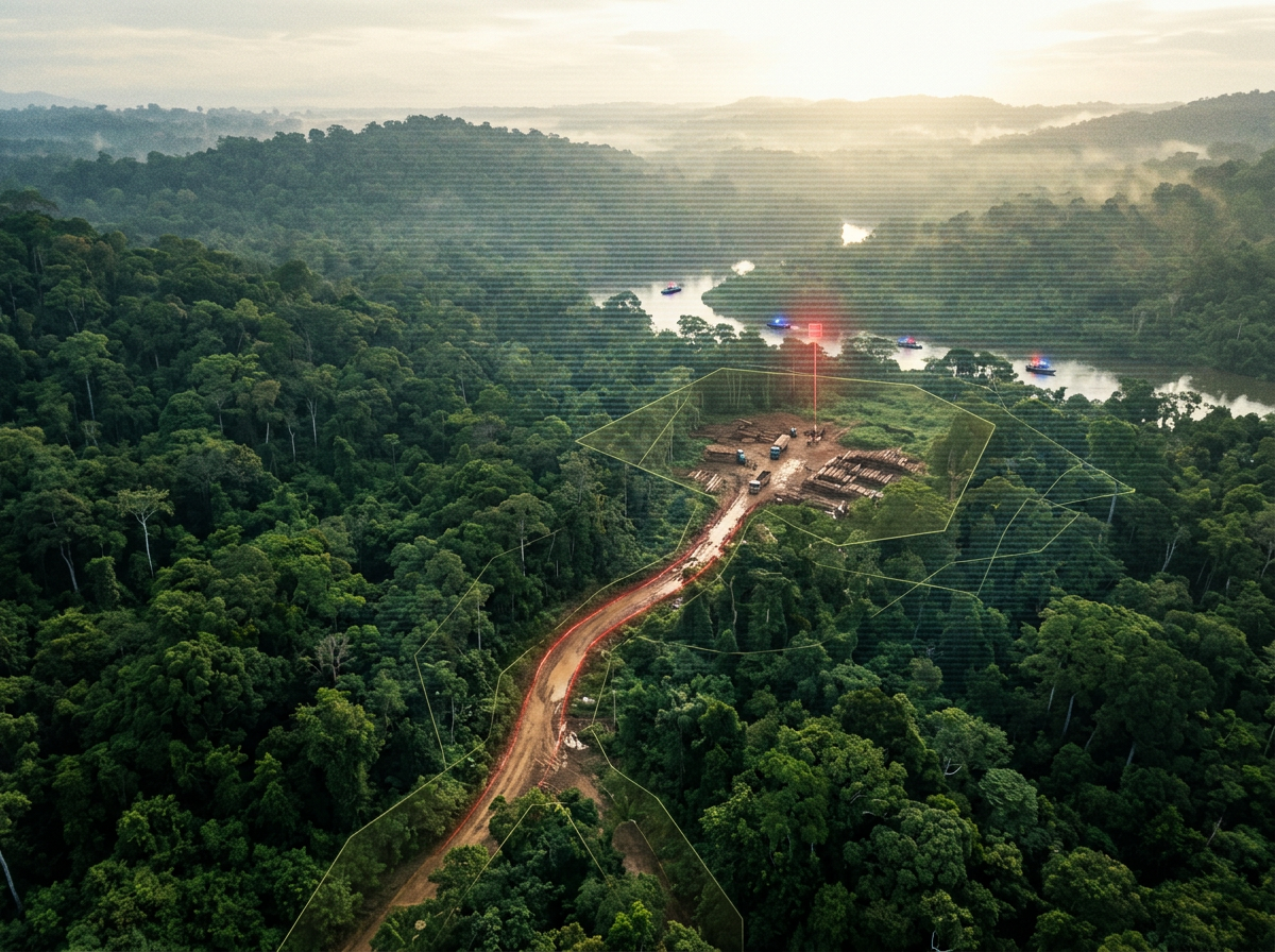 Aerial view of rainforest logging site beside a winding river