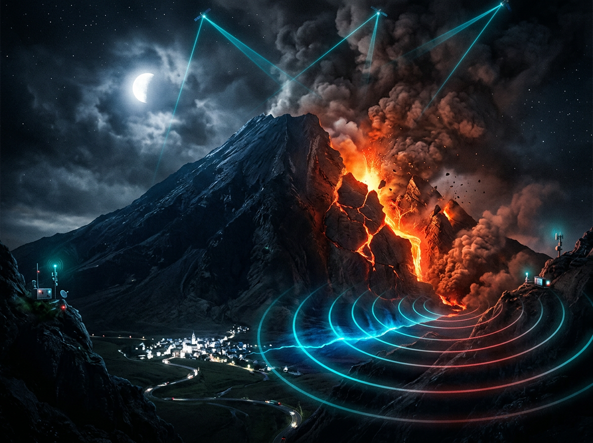 Volcanic eruption with glowing monitoring signals above a lit mountain village