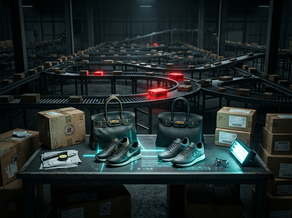 Handbags and sneakers displayed in a warehouse beside automated package conveyors