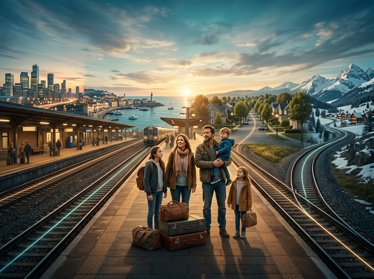 Family with luggage standing on a train platform between city and snowy mountain landscapes